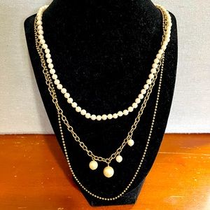 J Crew 3 Strand Antique Gold and Pearl Necklace